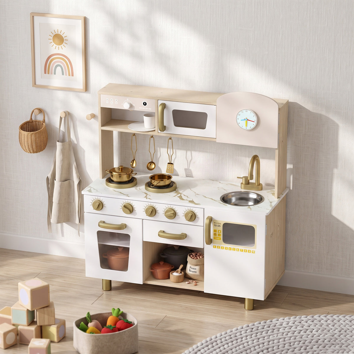 Kids Play Kitchen Playset | Rotating Coffee Maker | Stove with Ignition Sounds | Rotating Tap | Clock with Movable Hands | Shelves Cabinet & Drawer | 6-Piece Steel Set | E1 MDF | 74x29x81cm | Ages 3-6 | White