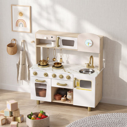 Kids Play Kitchen Playset | Rotating Coffee Maker | Stove with Ignition Sounds | Rotating Tap | Clock with Movable Hands | Shelves Cabinet & Drawer | 6-Piece Steel Set | E1 MDF | 74x29x81cm | Ages 3-6 | White