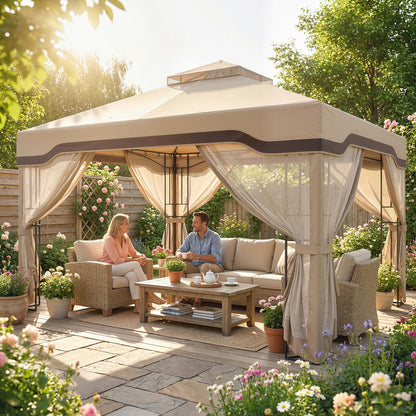 3x3.6m Garden Gazebo | Double-Tier UPF50+ Roof | 4 Mesh Panels | Triangular Powder-Coated Metal Frame | Corner Shelves | Roof Drainage Holes | Expansion Screws & Ground Stakes | Ceiling Hook | Khaki