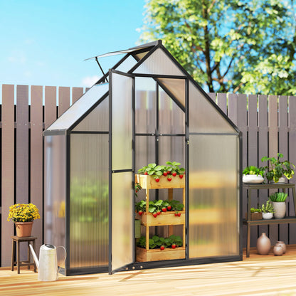 Outsunny Polycarbonate Greenhouse with Swing Door and Adjustable Window, Walk-in Greenhouse, 5.5 x 6.5ft, Black