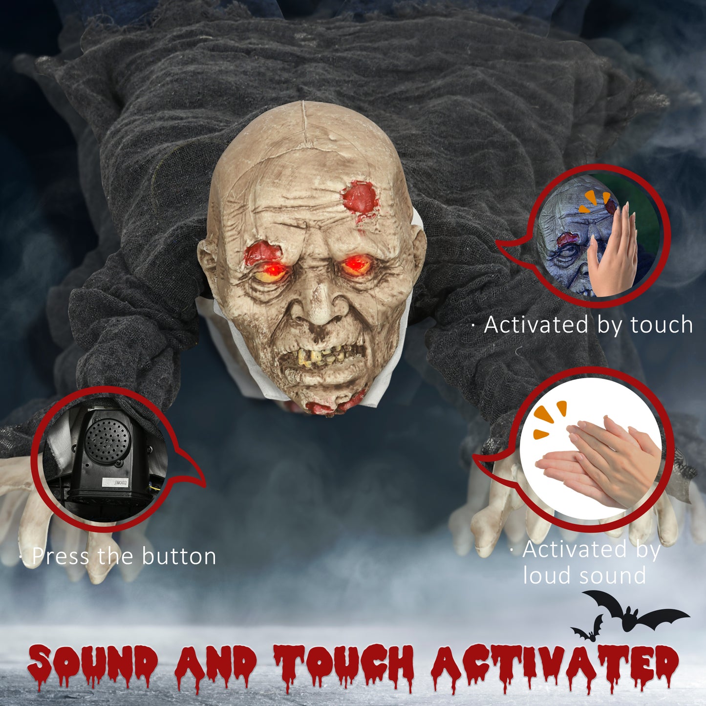 Life Size Outdoor Halloween Decoration Crawling Zombie, Animated Prop Decor with Sound and Motion Activated, Light Up Eyes, Howling Sound, Posable Arms