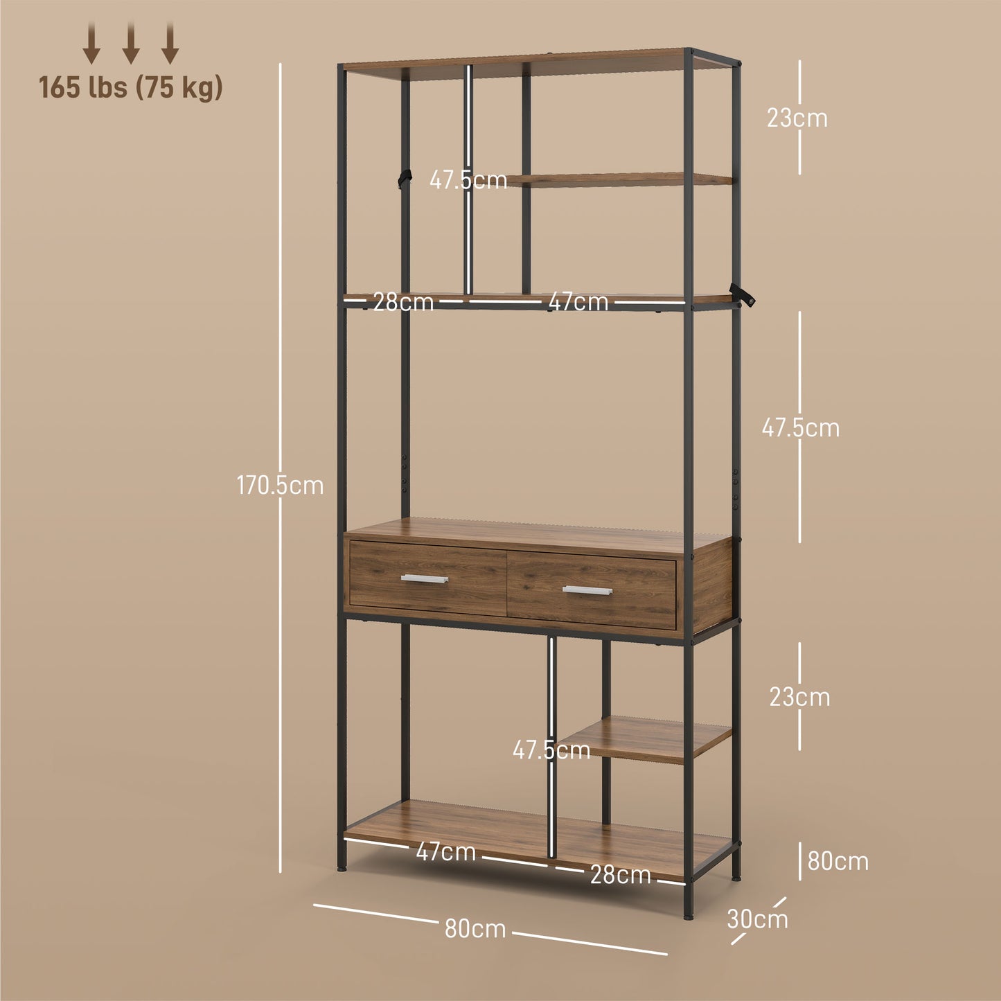 Retro Style  Seven-Shelf Industrial Display Shelf, with Drawers - Brown/Black