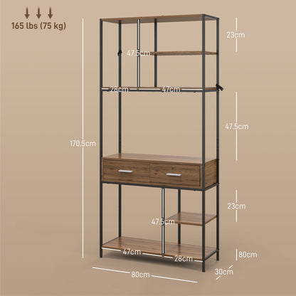 Retro Style  Seven-Shelf Industrial Display Shelf, with Drawers - Brown/Black