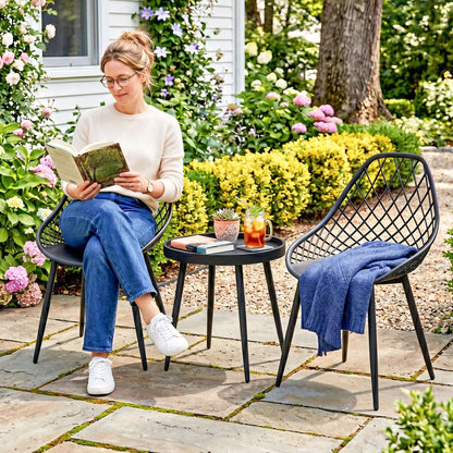 3-Piece Outdoor Bistro Set | 2 Chairs & Round Table | PP Mesh Backrest | Reinforced X-Frame | Anti-Rust Metal Legs | Adjustable Footpads | 120kg Chair Capacity | Garden & Balcony | Black