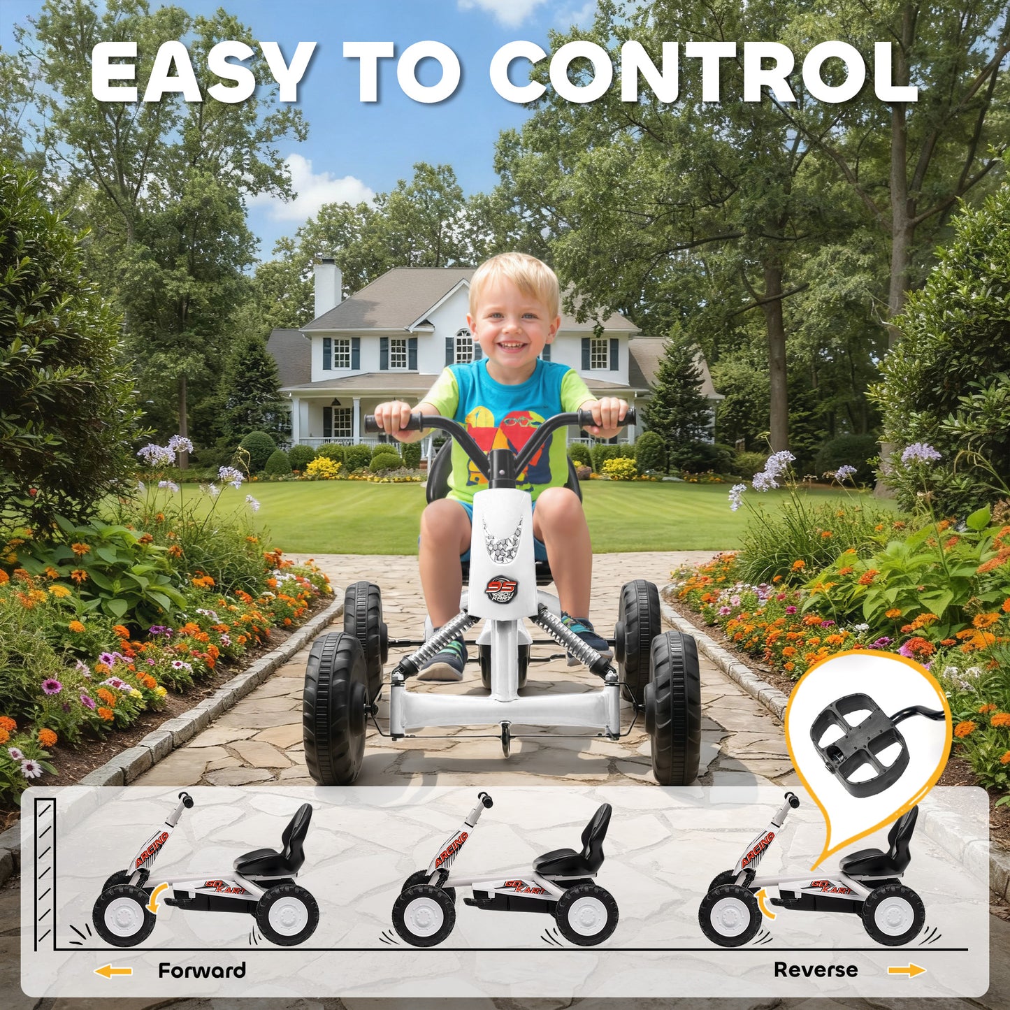 AIYAPLAY Kids Pedal Go Kart with Steel Frame, Sporty Design, for Ages 2-5 Years, White / Black