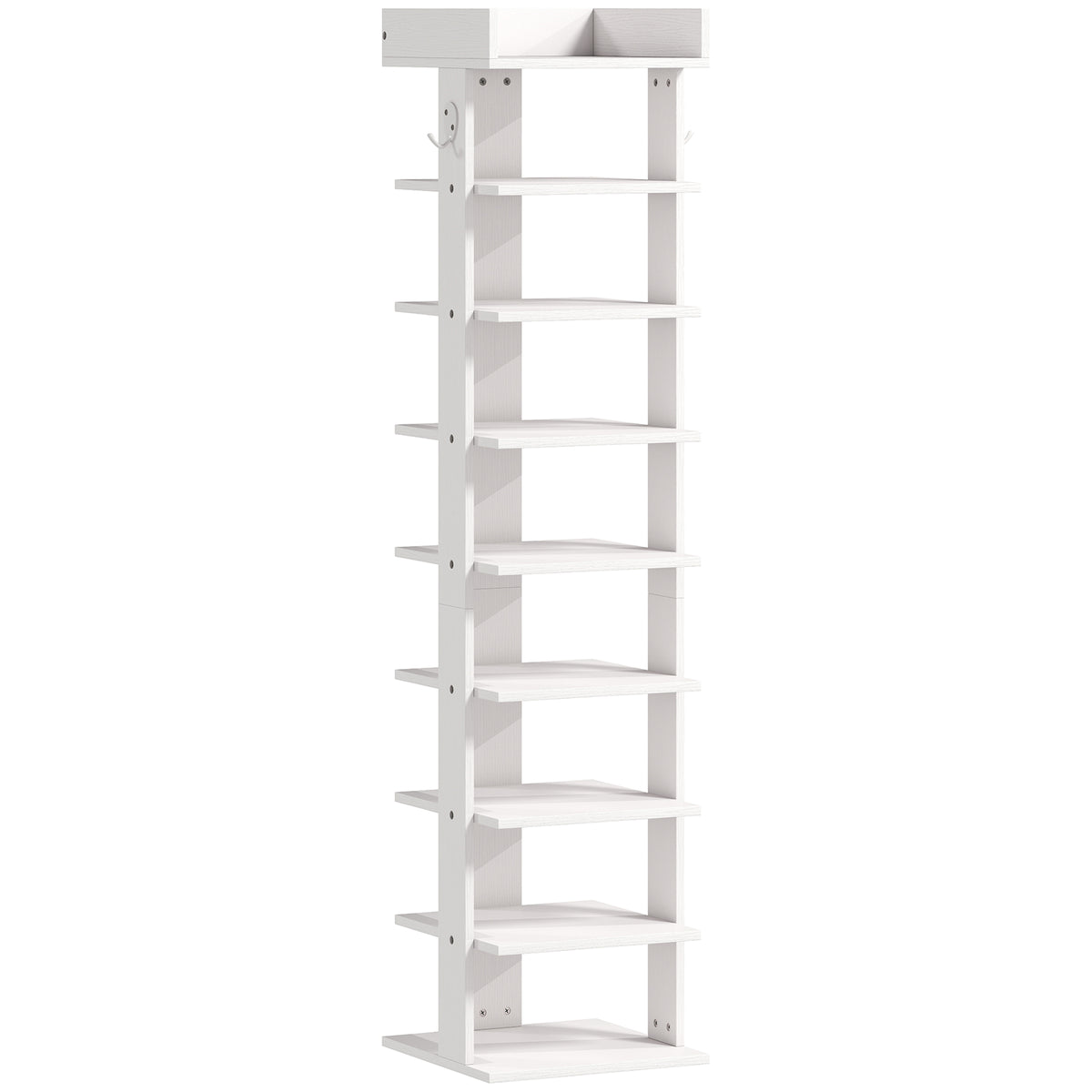 9-Tier Shoe Rack | Graduated Shelf Heights to Size 46 | Removable Shelves for Boots & Heels | Top Tray with Rail | 2 Side Hooks | 30x30x128.4cm | 18kg | Particleboard | Entryway | White