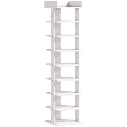 9-Tier Shoe Rack | Graduated Shelf Heights to Size 46 | Removable Shelves for Boots & Heels | Top Tray with Rail | 2 Side Hooks | 30x30x128.4cm | 18kg | Particleboard | Entryway | White