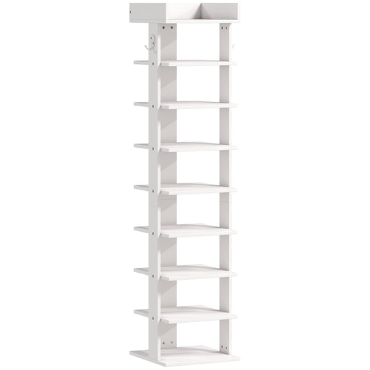 9-Tier Shoe Rack | Graduated Shelf Heights to Size 46 | Removable Shelves for Boots & Heels | Top Tray with Rail | 2 Side Hooks | 30x30x128.4cm | 18kg | Particleboard | Entryway | White