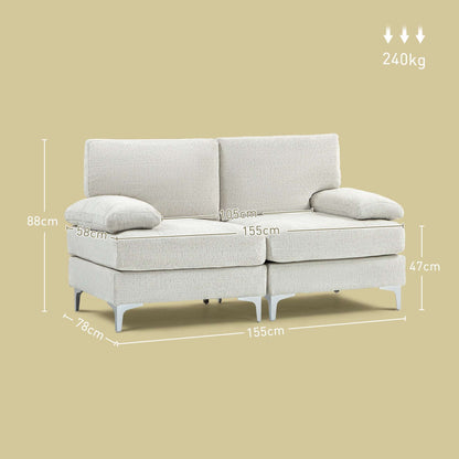 2 Seater Sofa, Modern Fabric Loveseat with Spring Cushion and Metal Legs, Small Couch for Living Room, Bedroom, Home Office, Reception, Cream White