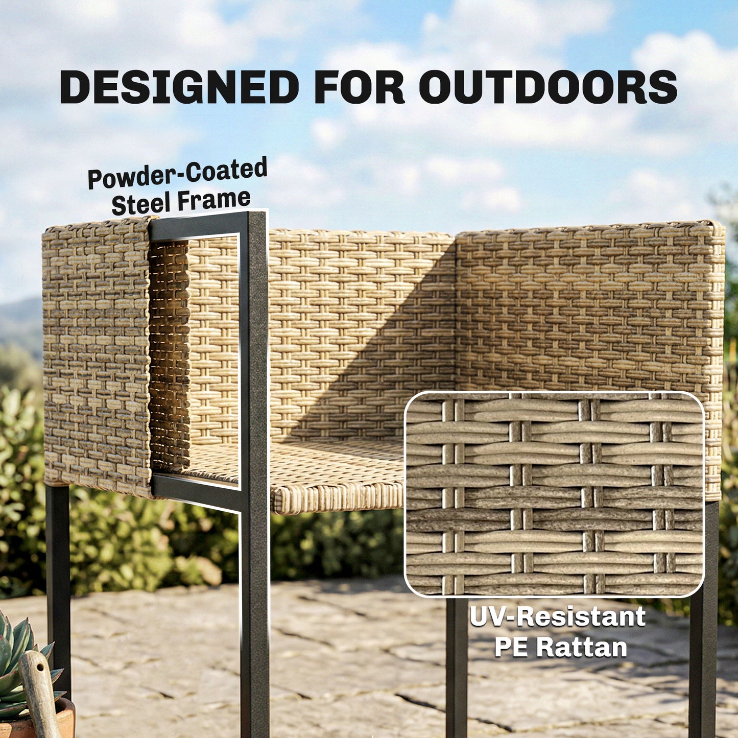 Outsunny 7 Piece Rattan Garden Furniture Set, Garden Dining Set with Wood-Plastic Table and 6 Stackable Chairs, Light Brown