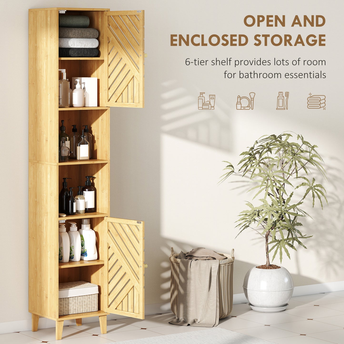 Multi-Storage Bamboo Door Bathroom Cabinet - Natural Finish
