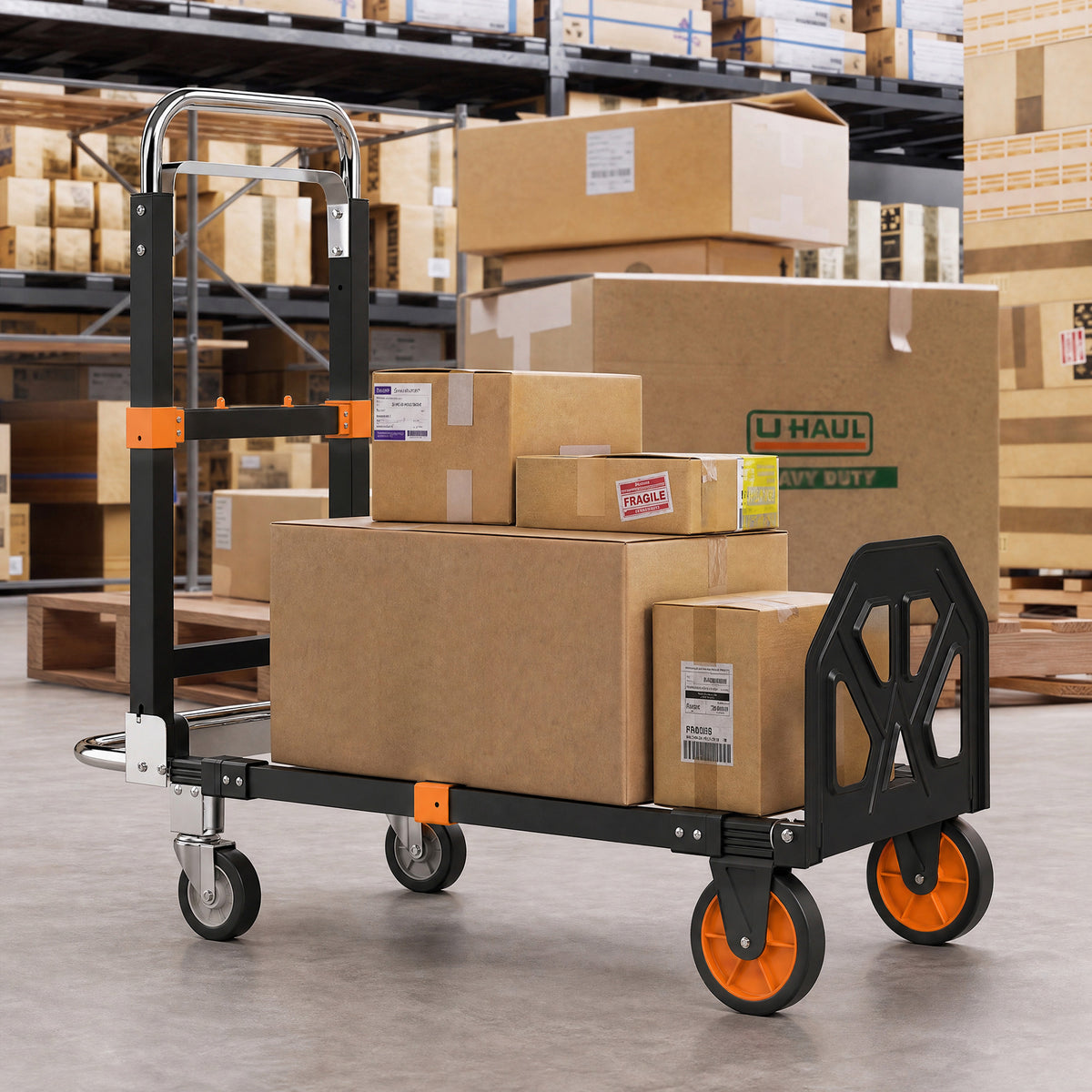 2-in-1 Folding Sack Truck & Platform Trolley | 220kg Flatbed / 120kg Upright | Extendable Frame & Telescopic Handle | Black & Orange