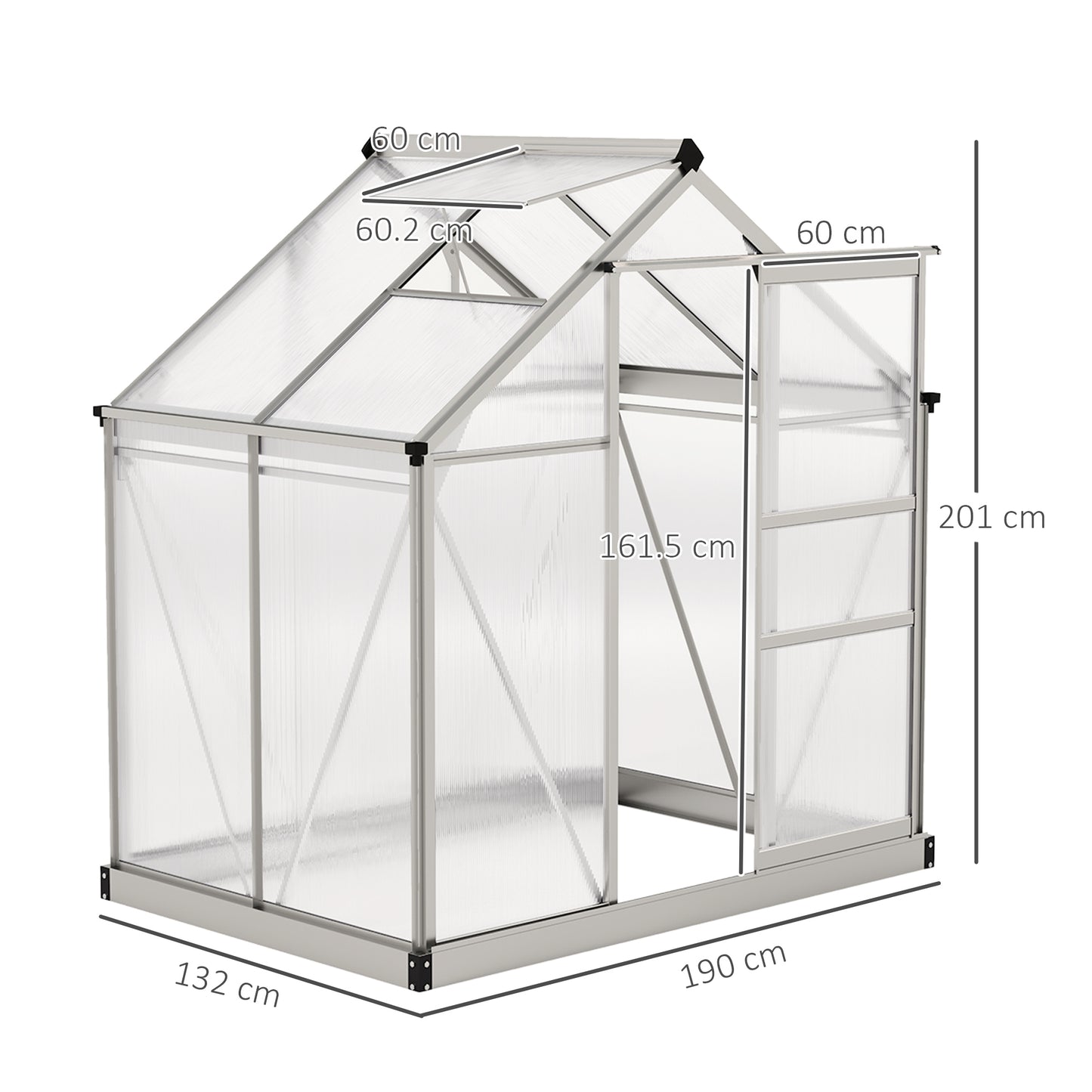 Walk-In Polycarbonate Greenhouse | 6x4ft | Aluminium Frame | Sliding Door | Roof Vent | 40kg/m² Snow Load | Silver