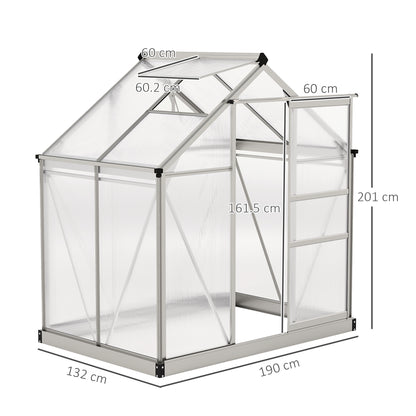 Walk-In Polycarbonate Greenhouse | 6x4ft | Aluminium Frame | Sliding Door | Roof Vent | 40kg/m² Snow Load | Silver