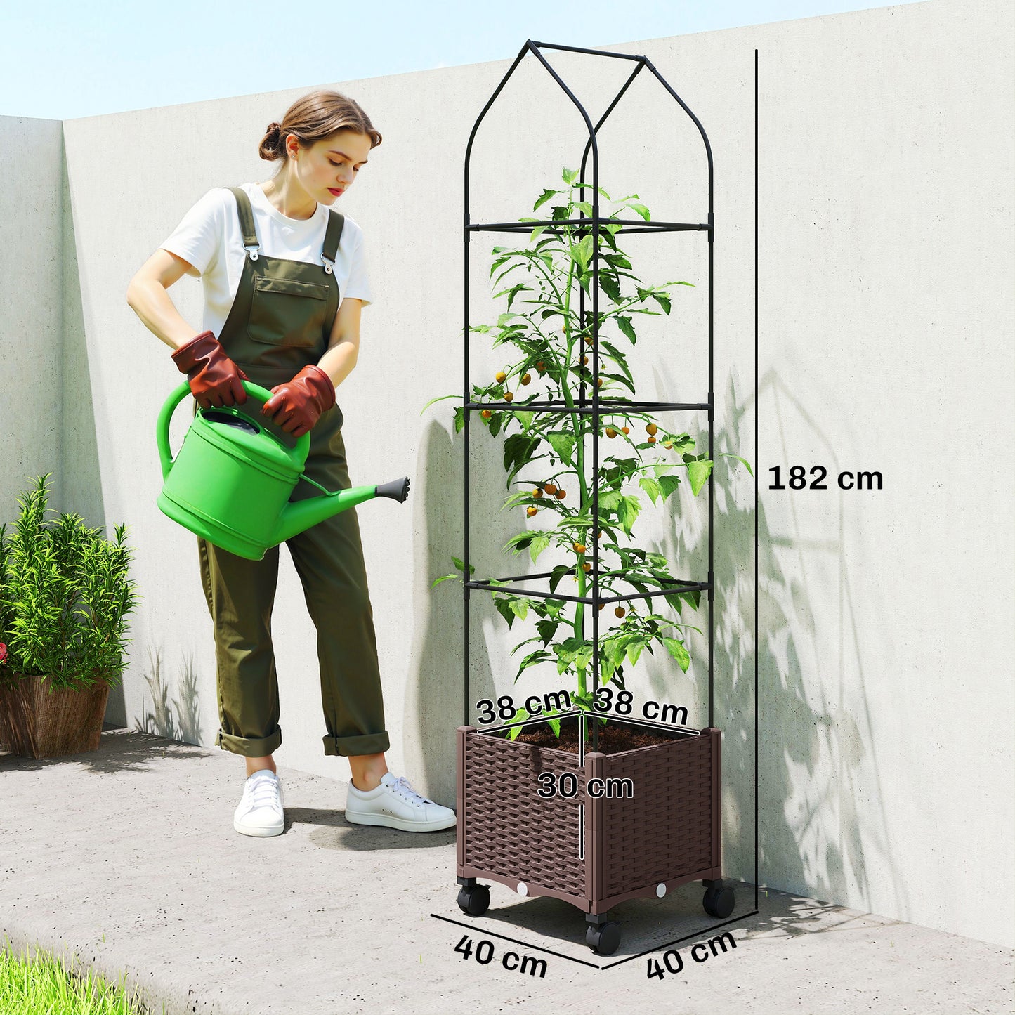 Raised Garden Bed with Adjustable Trellis & Tomato Cage | 4 Lockable Wheels | Bottom Water Tank | 4 Drainage Holes | 40L | Weather-Resistant PP | 40x40x182cm | 20kg | Brown