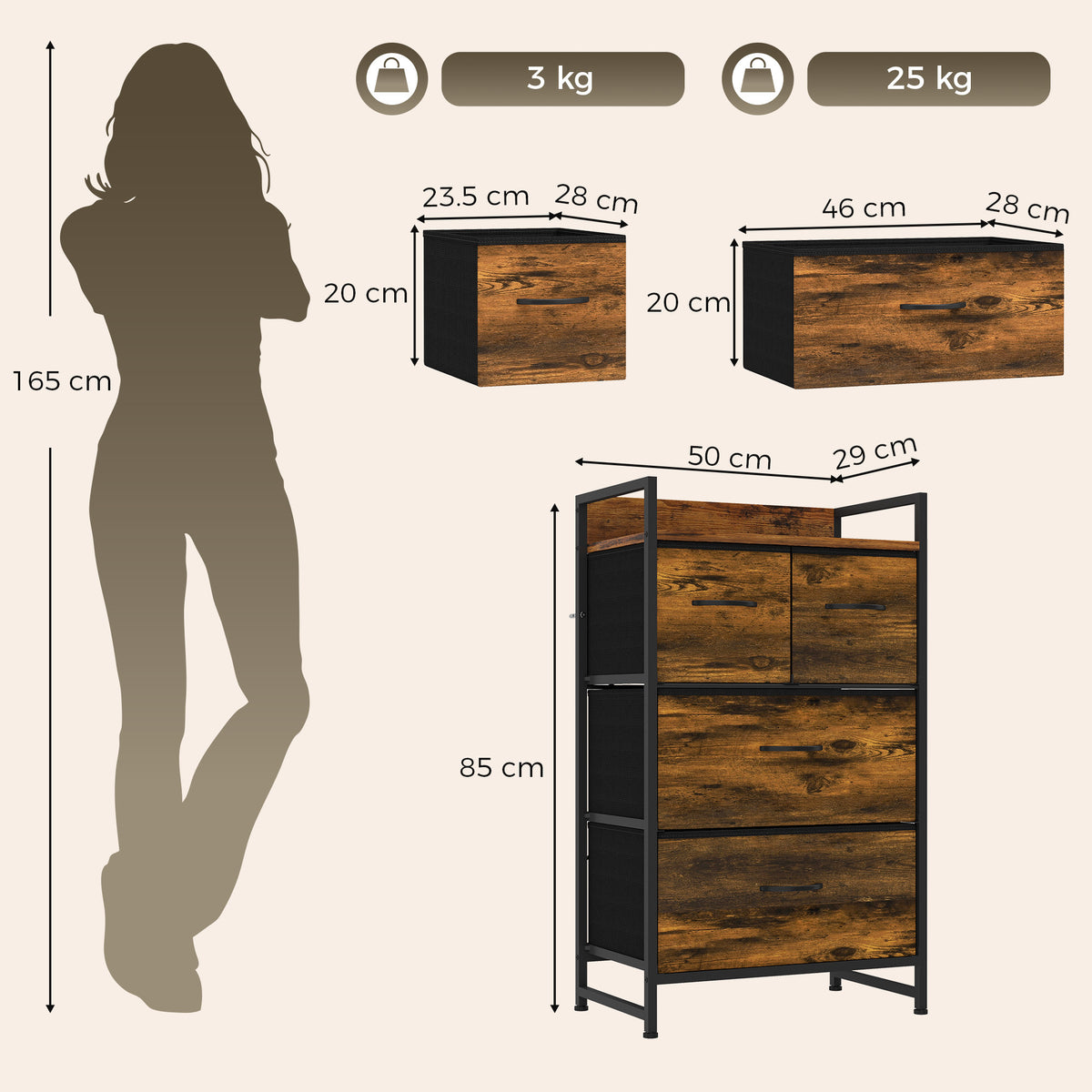 Rustic Chest of Four Fabric Drawers | Rustic Brown & Black | Particleboard Steel Linen | 50x29x85cm | 25kg Max Load | Adjustable Feet | Industrial Style | Bedroom Storage