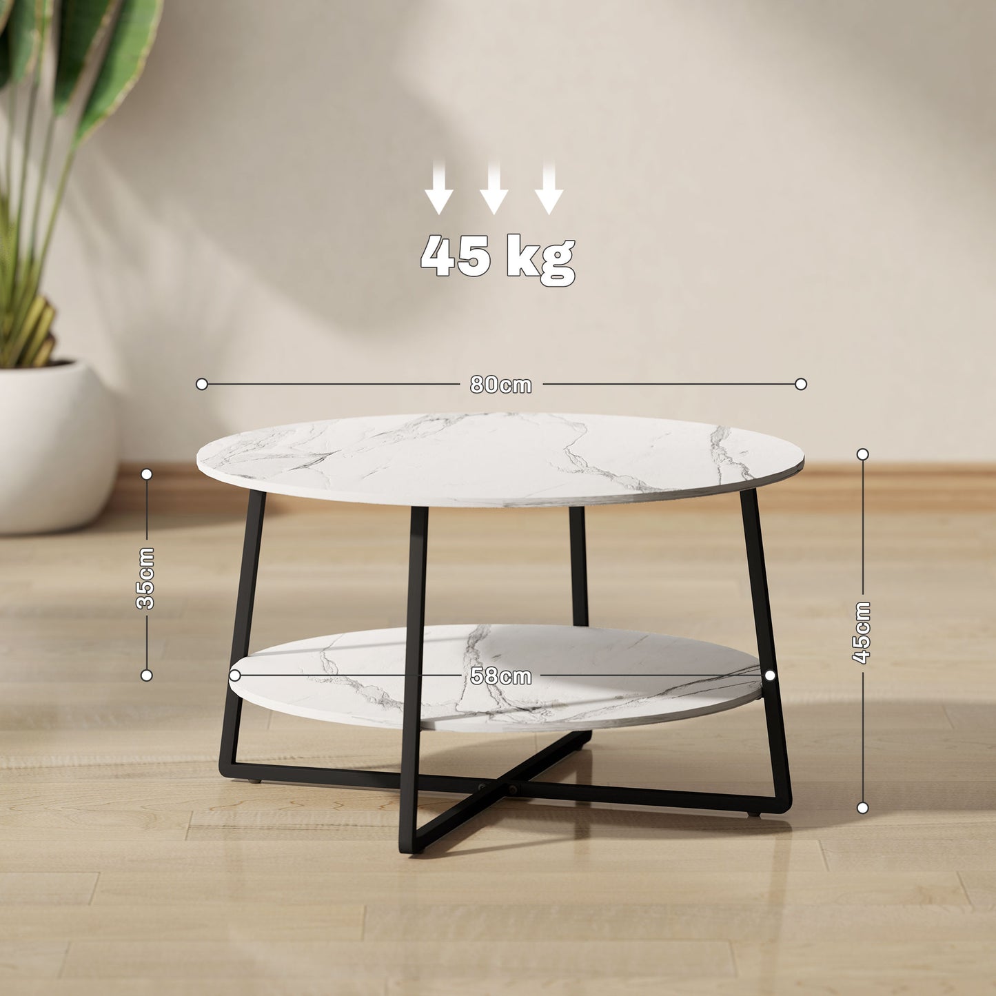 2-Tier Round Coffee Table with Storage Shelf, Living Room Table with Marble Effect Top and Steel Frame, White