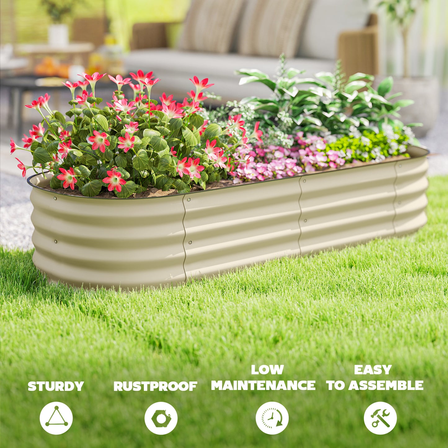 Flexible Galvanised Steel Raised Garden Bed | Safety Rubber Edging | Open Bottom | Configurable Round Oval or Oblong | 150x62x30cm | For Flowers Herbs & Succulents | Cream White