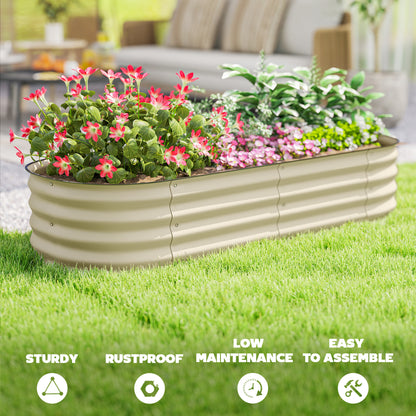 Flexible Galvanised Steel Raised Garden Bed | Safety Rubber Edging | Open Bottom | Configurable Round Oval or Oblong | 150x62x30cm | For Flowers Herbs & Succulents | Cream White