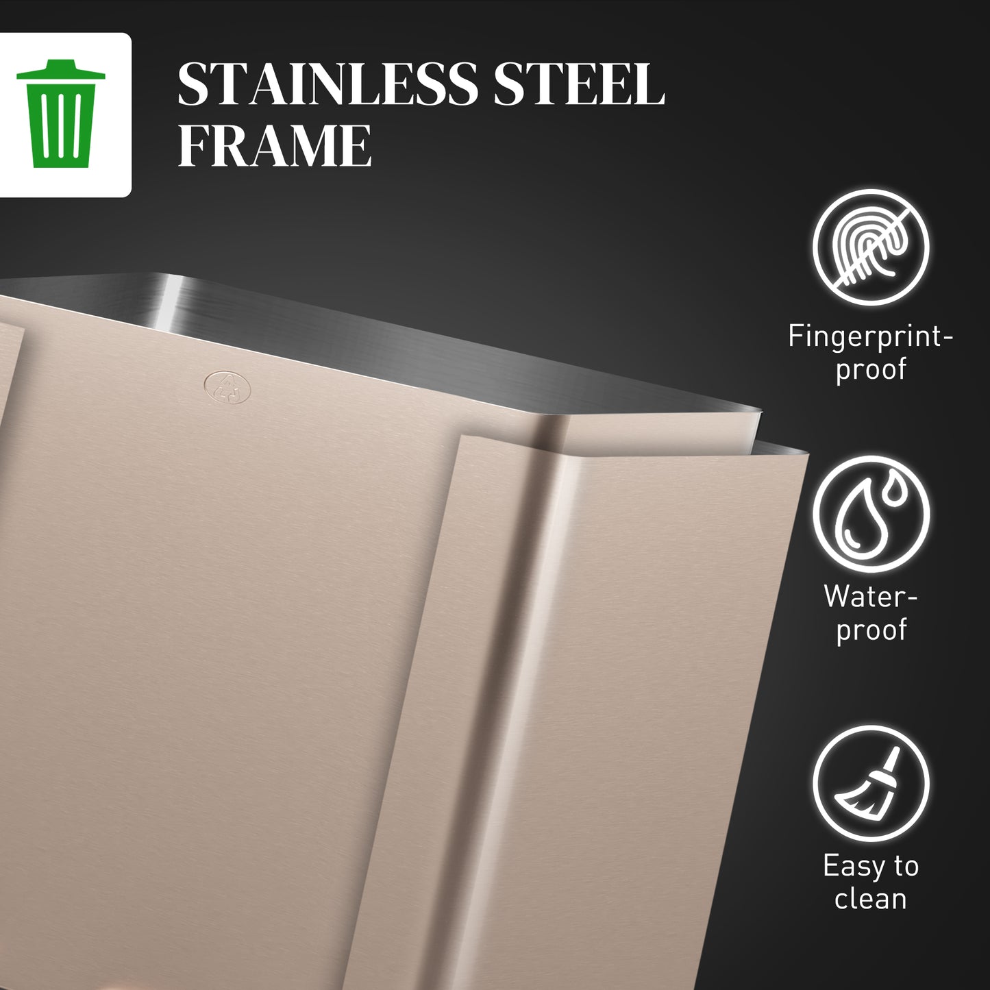 3 x 15L Pedal Bin, Steel Triple Kitchen Bin with Soft Close Lid, Removable Inner Buckets, Fingerprint-Proof, Gold Tone