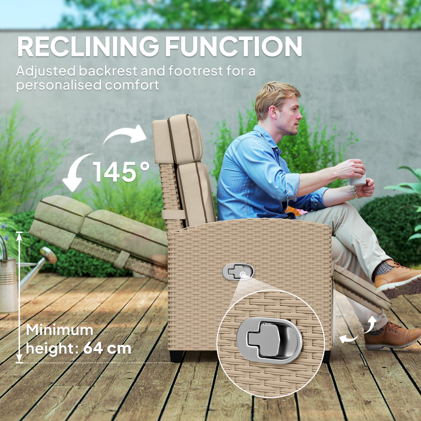 Rattan Garden Recliner Chair, Adjustable Backrest Reclining with Flip Table, Cushion and Footrest, Indoor Outdoor Lounge Reclining Sun Lounger for Patio