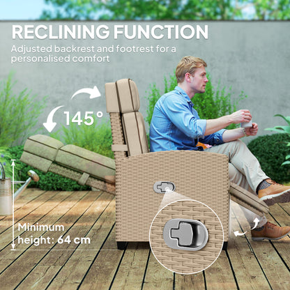 Rattan Garden Recliner Chair, Adjustable Backrest Reclining with Flip Table, Cushion and Footrest, Indoor Outdoor Lounge Reclining Sun Lounger for Patio