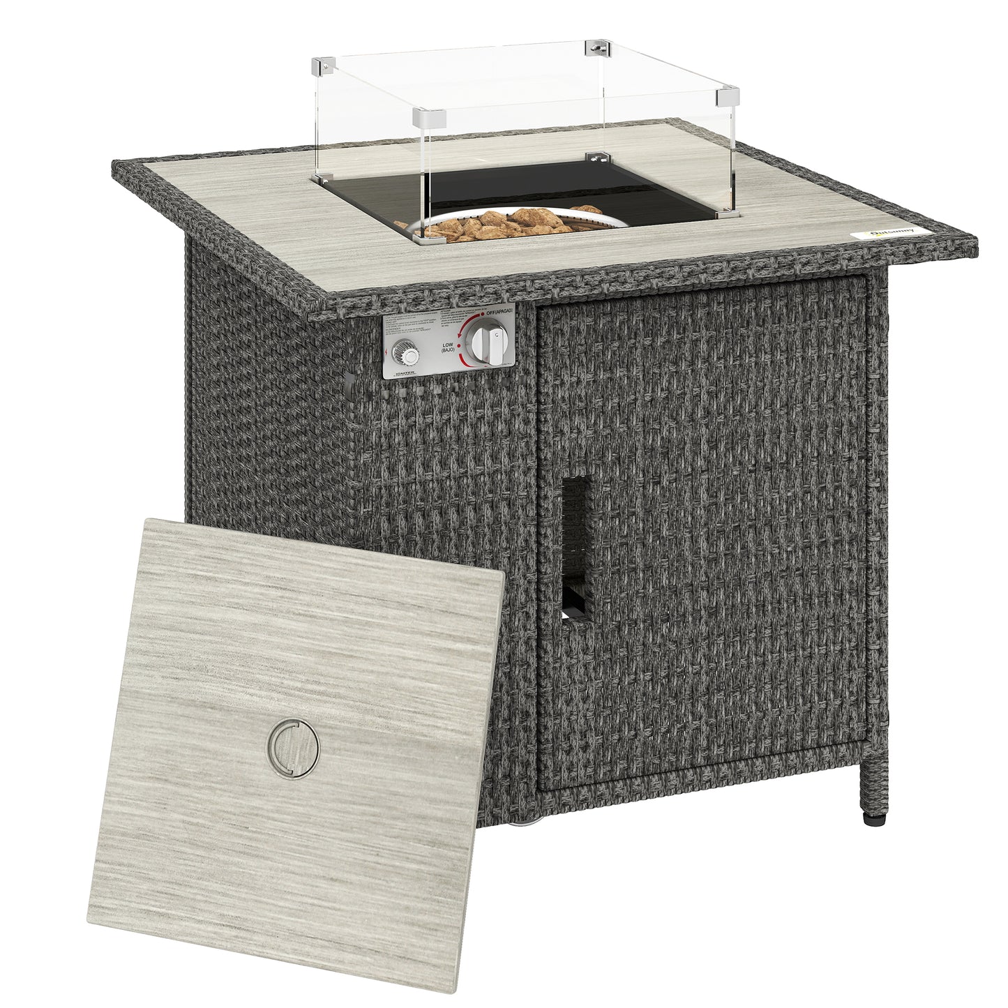 Rattan Gas Fire Pit Dining Table | 50,000 BTU 14.5KW Smokeless Burner | Adjustable Flame | Glass Wind Guard & Spark Mesh | Rain Cover | Lava Rocks | Lid | 71x71x62cm | Dark Grey