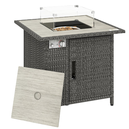 Rattan Gas Fire Pit Dining Table | 50,000 BTU 14.5KW Smokeless Burner | Adjustable Flame | Glass Wind Guard & Spark Mesh | Rain Cover | Lava Rocks | Lid | 71x71x62cm | Dark Grey