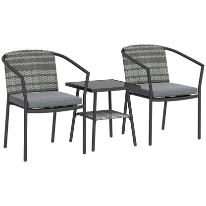 3 Piece Rattan Bistro Set with Cushions, Wicker Garden Furniture Set, Glass Top Coffee Table and Chairs for Patio, Balcony, Terrace and Conservatory