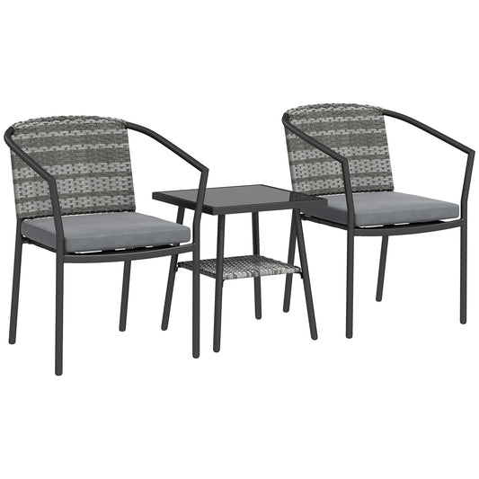 3 Piece Rattan Bistro Set with Cushions, Wicker Garden Furniture Set, Glass Top Coffee Table and Chairs for Patio, Balcony, Terrace and Conservatory
