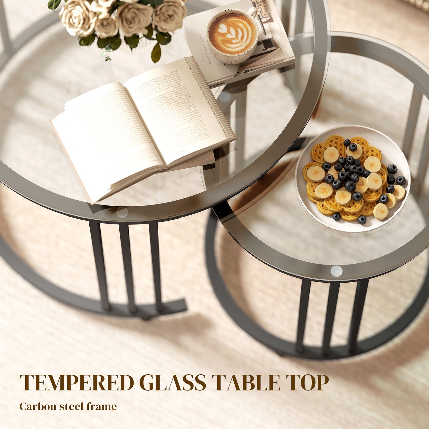Round Coffee Tables Set of 2, Nesting Tables with Tempered Glass Top and Steel Frame, Black