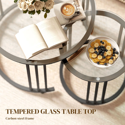 Round Coffee Tables Set of 2, Nesting Tables with Tempered Glass Top and Steel Frame, Black