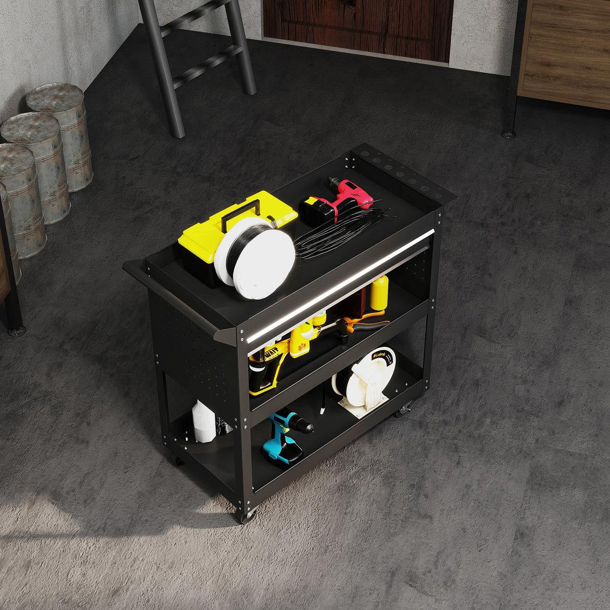 3-Tier Steel Tool Trolley Cart with Rolling Wheels & Brakes | 3 Storage Trays | Side Handle | 60kg Total Capacity | Scratch & Corrosion Resistant | 82x35x76cm | Garage Workshop | Assembly Required | Black