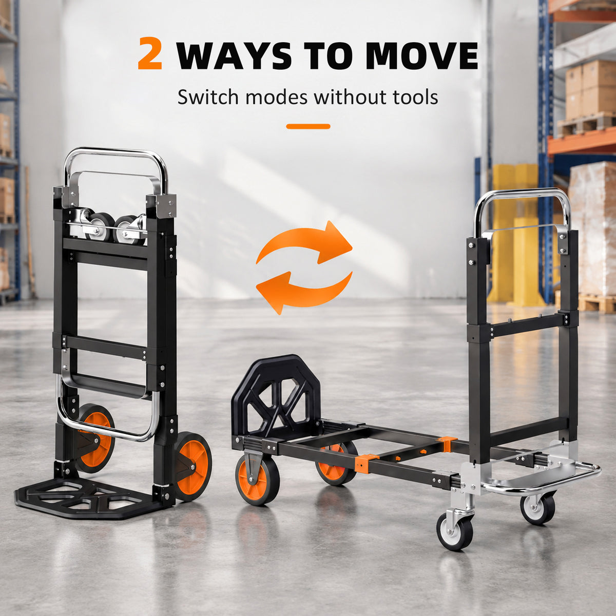 2-in-1 Folding Sack Truck & Platform Trolley | 220kg Flatbed / 120kg Upright | Extendable Frame & Telescopic Handle | Black & Orange