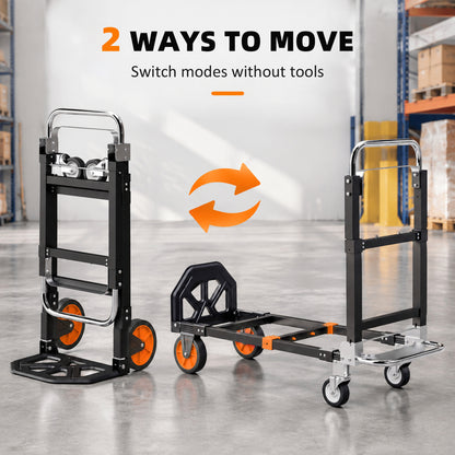 2-in-1 Folding Sack Truck & Platform Trolley | 220kg Flatbed / 120kg Upright | Extendable Frame & Telescopic Handle | Black & Orange