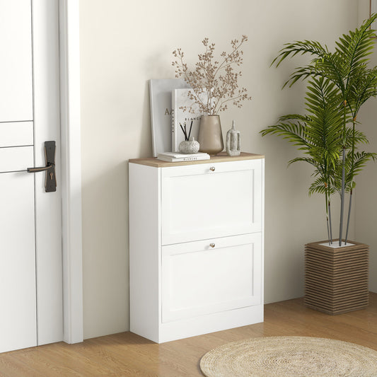 Narrow Shoe Cabinet with 2 Flip Drawers and Adjustable Shelves - White