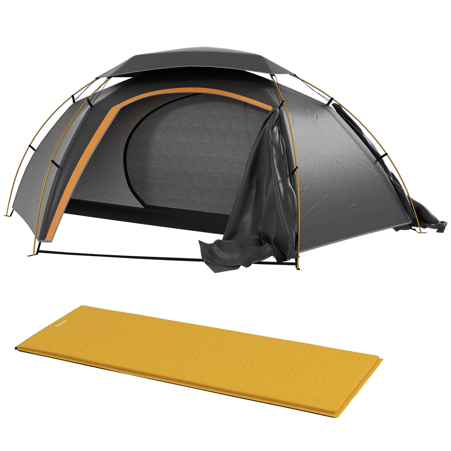 Outsunny Camping Dome Tent W/ Self Inflatable Mattress, 1 Person, Removable Rainfly, 2000mm Waterproof, Portable W/ Bags for Fishing Hiking