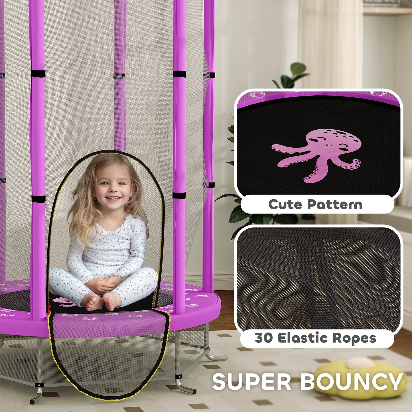 AIYAPLAY 4.6FT Toddler Trampoline w/ Safety Enclosure Net, for Indoor Outdoor Use, Ages 3-6 Years, Octopus Pattern - Purple / Green