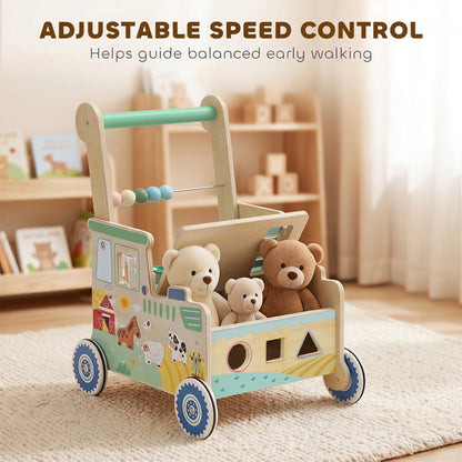 Wooden Baby Walker | Multifunction Activity Centre with Shape & Colour Learning, Toy Storage & Push-Along Support | 1-3 Years | Green & Natural