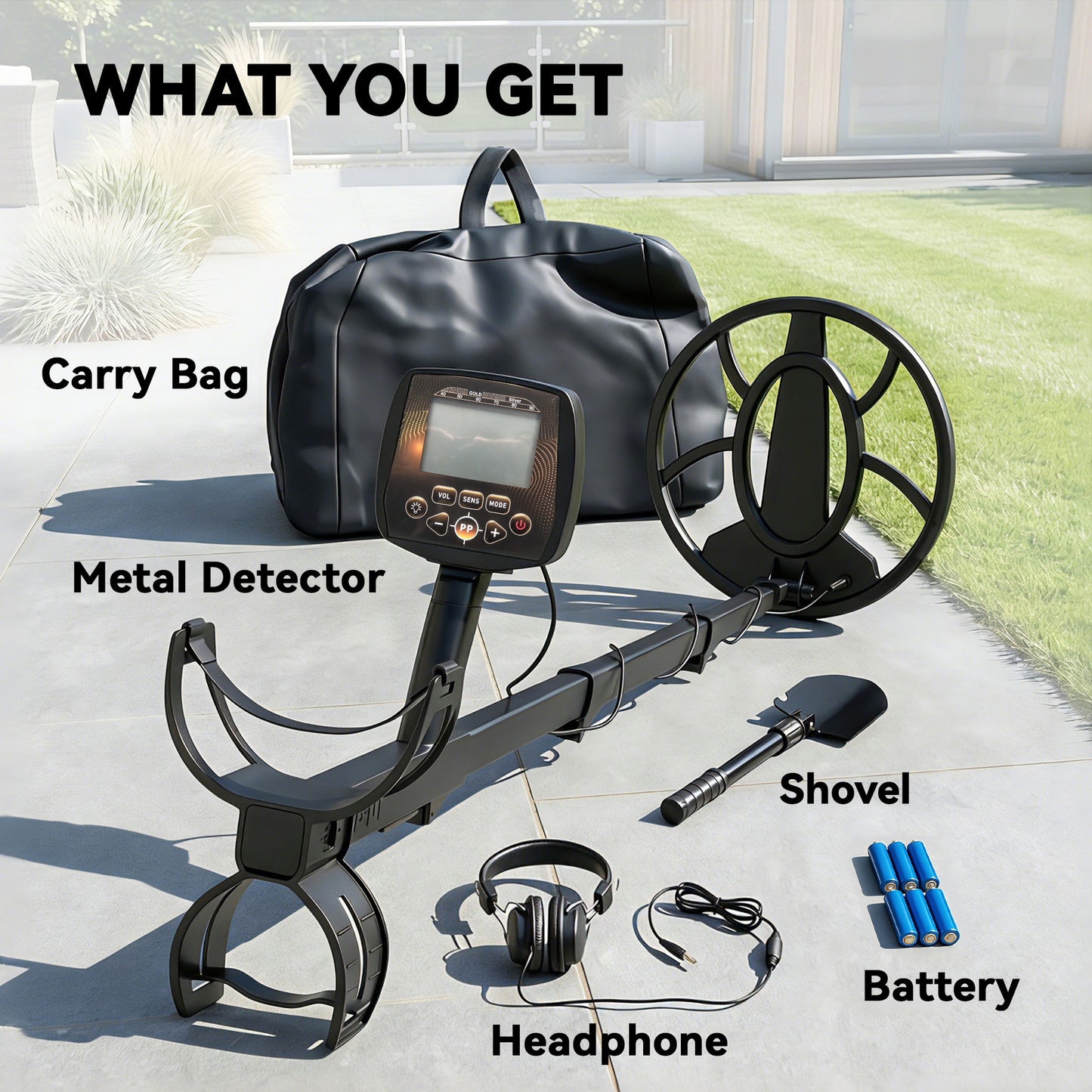 Outsunny Metal Detector for Adults, IP68 Waterproof Search Coil with LCD Display, 5 Modes Gold Detector with Carry Bag, Shovel