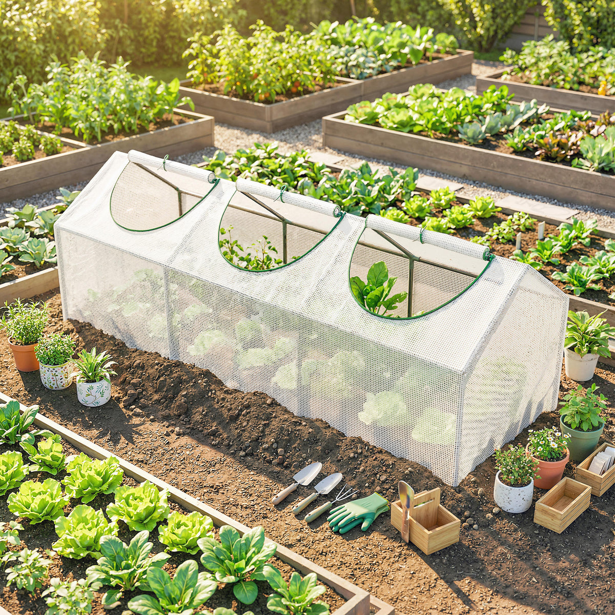 Outsunny Mini Greenhouse | 180 × 60 × 60cm White PE Grow House | 3 Zipped Roll-Up Windows | Steel Frame & 10cm Bury-In Edges