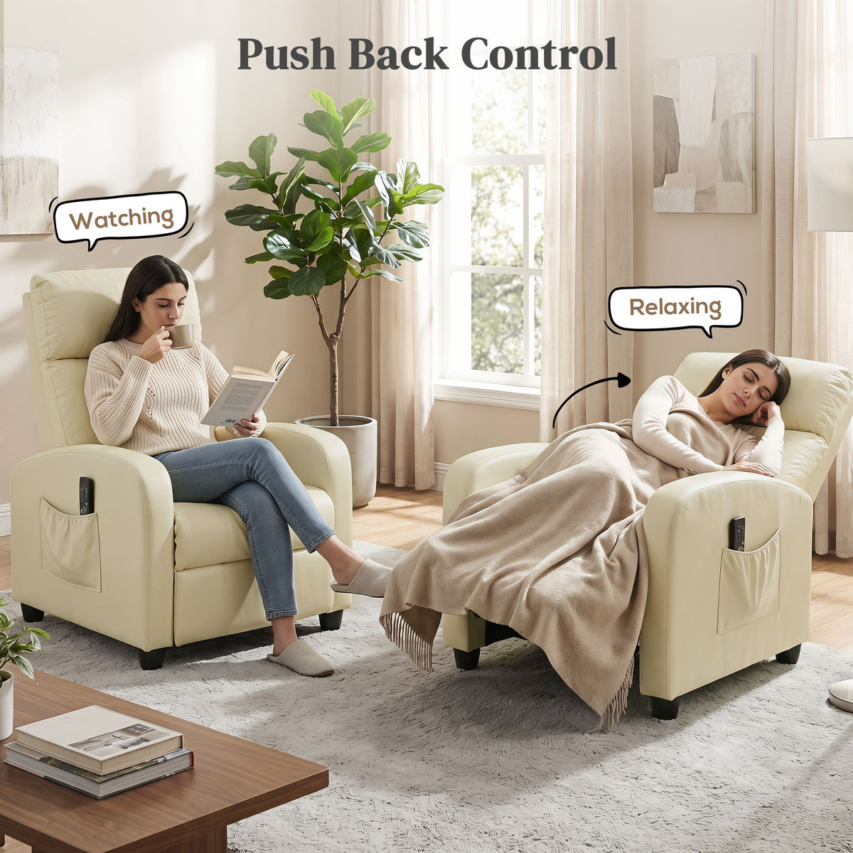 PU Leather Reclining Massage Armchair | 8 Modes 5 Intensity Levels | 2 Vibration Points | 150° Recline with Footrest | Remote Control | Side Pocket | 120kg | 68x88x98cm | Cream / Brown