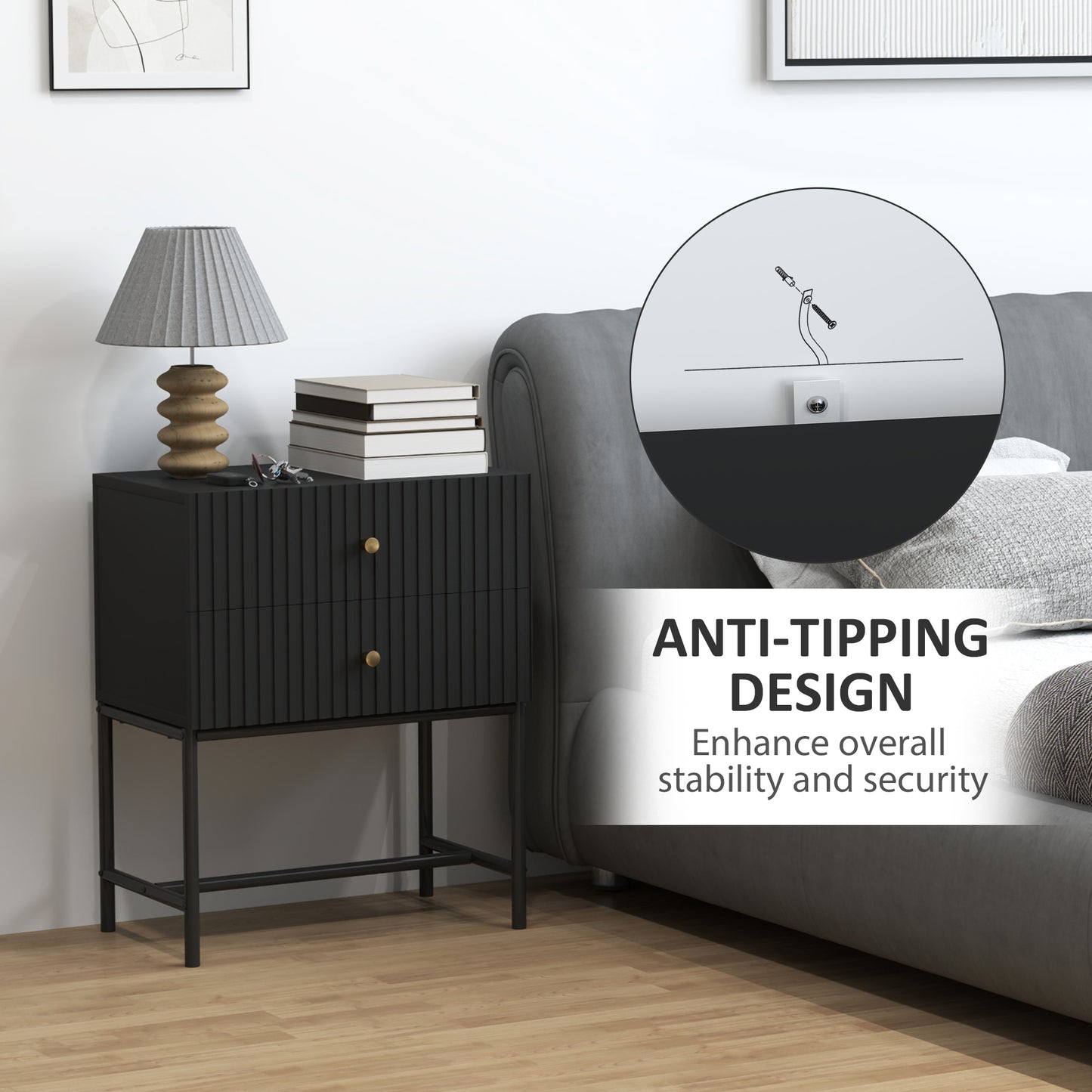 Set of 2 Bedside Tables | Ridged Drawers | Gold Handles | Metal Base | Black | 48x60cm