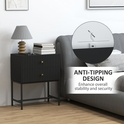 Set of 2 Bedside Tables | Ridged Drawers | Gold Handles | Metal Base | Black | 48x60cm