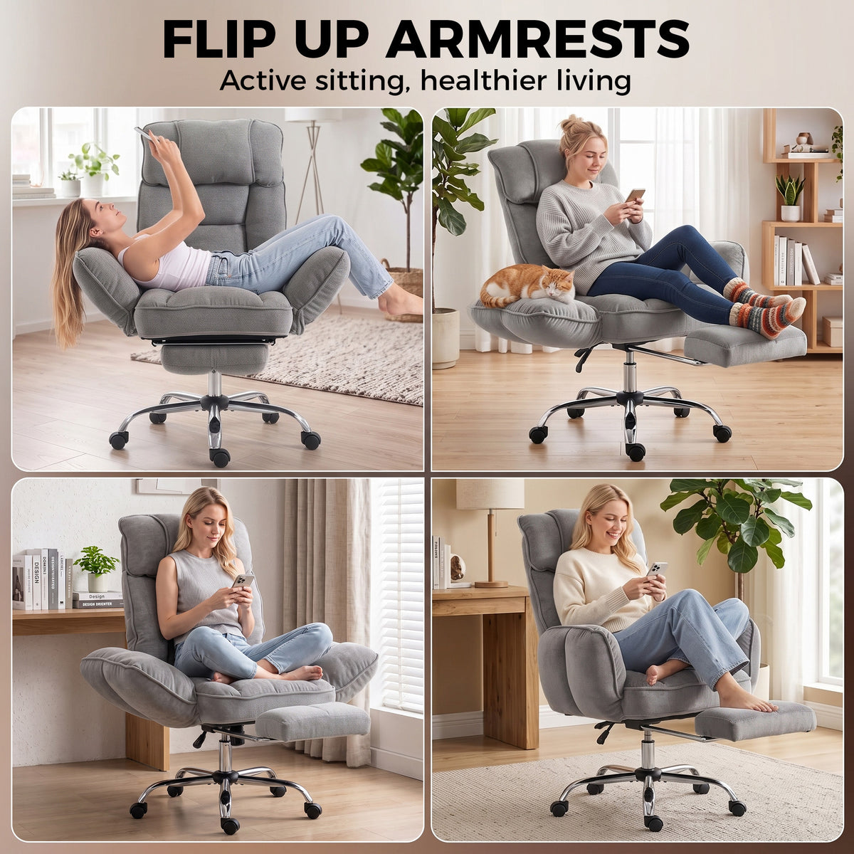 Reclining Office Chair | Grey Linen-Look Fabric & Pocket-Sprung Seat | 135° Recline, Pull-Out Footrest & 5-Position Flip-Up Arms | Height Adjustable