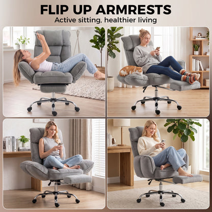 Reclining Office Chair | Grey Linen-Look Fabric & Pocket-Sprung Seat | 135° Recline, Pull-Out Footrest & 5-Position Flip-Up Arms | Height Adjustable