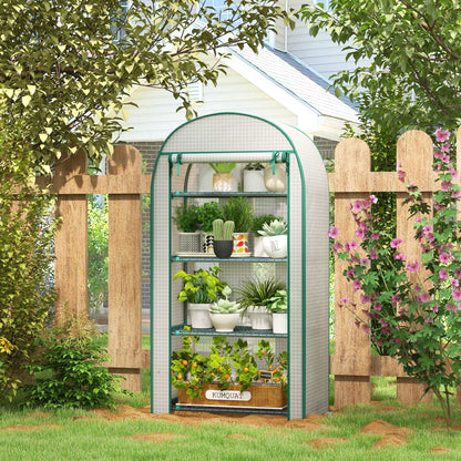 80 x 49 x 160cm Mini Greenhouse for Outdoor, Portable Gardening Plant Green House W/ Storage Shelf, Roll-Up Door Metal Frame And PE Cover, White