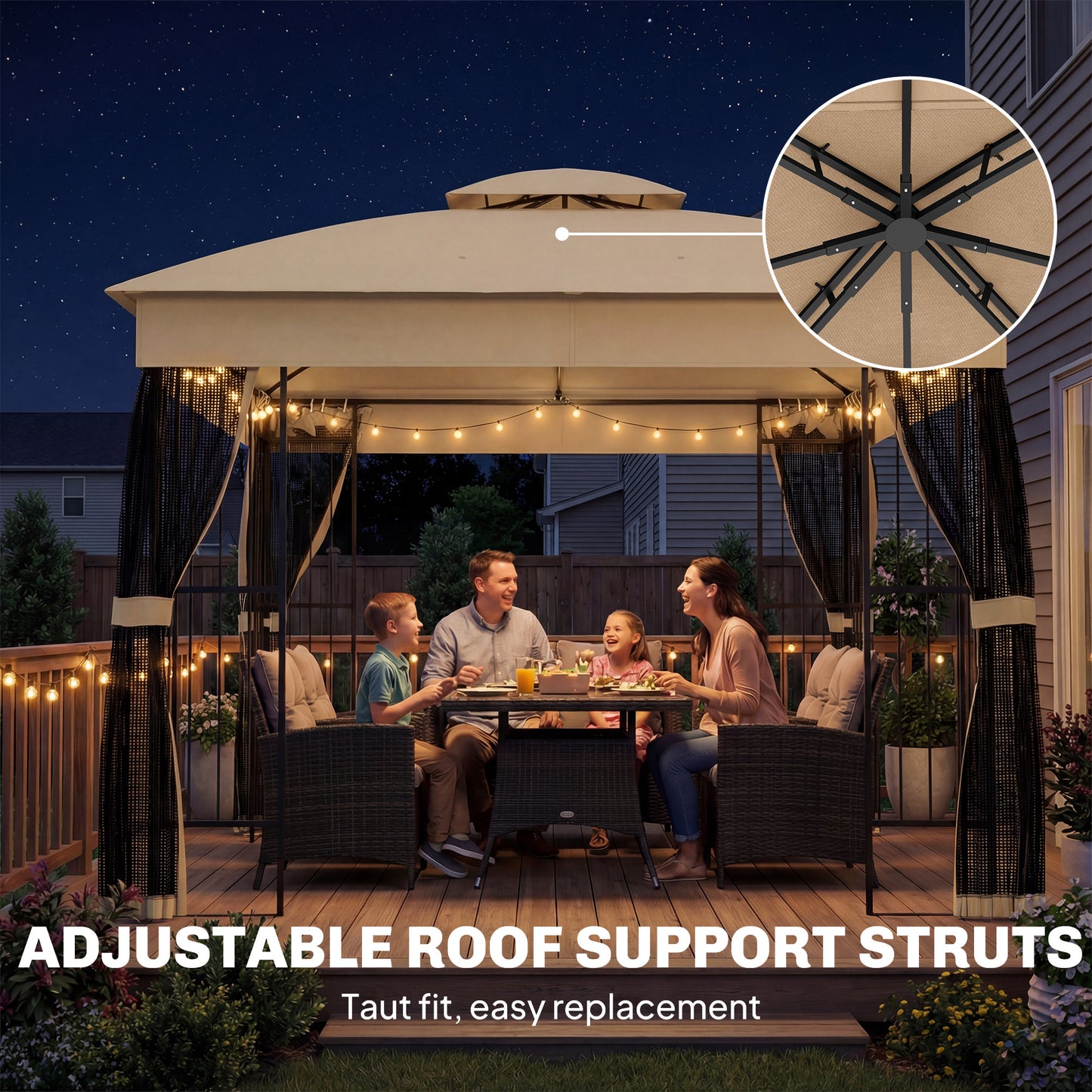 3x3m Permanent Garden Gazebo | Double-Tier UPF50+ Roof | Mesh Panels | Integrated Corner Shelves | Triangular Powder-Coated Posts | Adjustable Struts | Ground Stakes | Brown