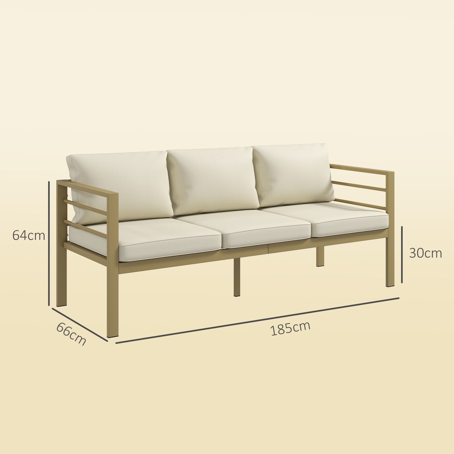 3-Seater Garden Bench Sofa | Thick Cushions | Aluminium Frame | Cream White | 185cm