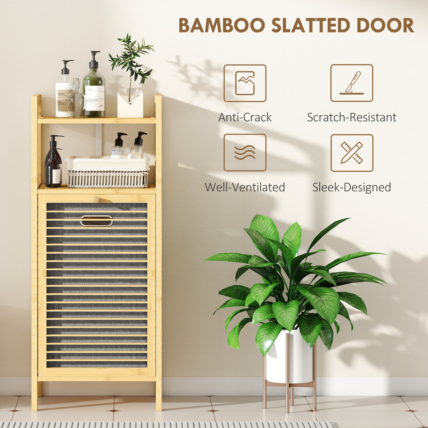Bamboo Laundry Cabinet with Slatted Door, Bathroom Cabinet with Tilt-Out Hamper and Removable Liner Bag, 40 x 30D x 95 cm, Natural Wood Finish